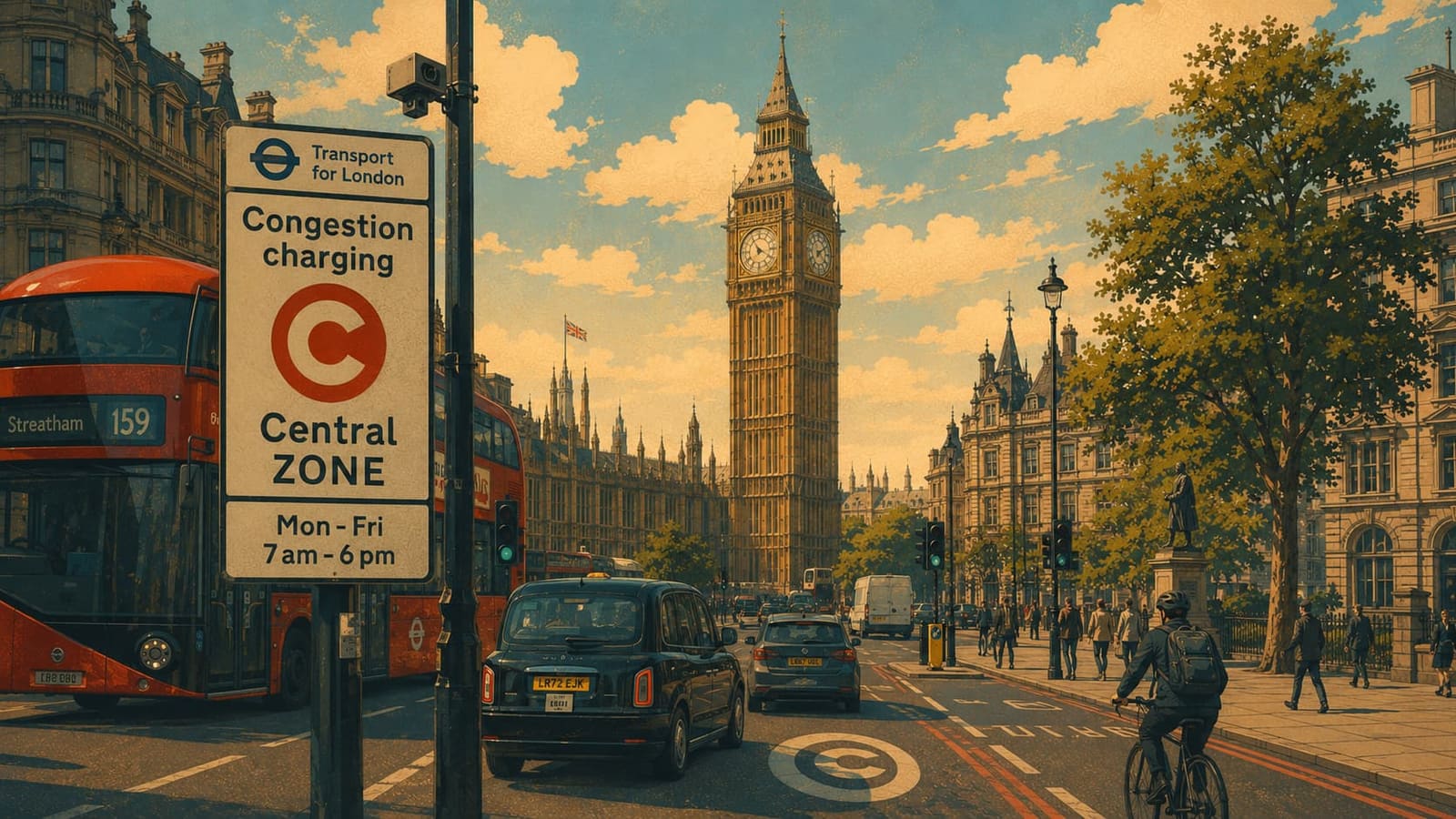 Illustration of a Transport for London congestion charging sign on a central London street, with Big Ben, red double-decker buses, a black cab and a cyclist