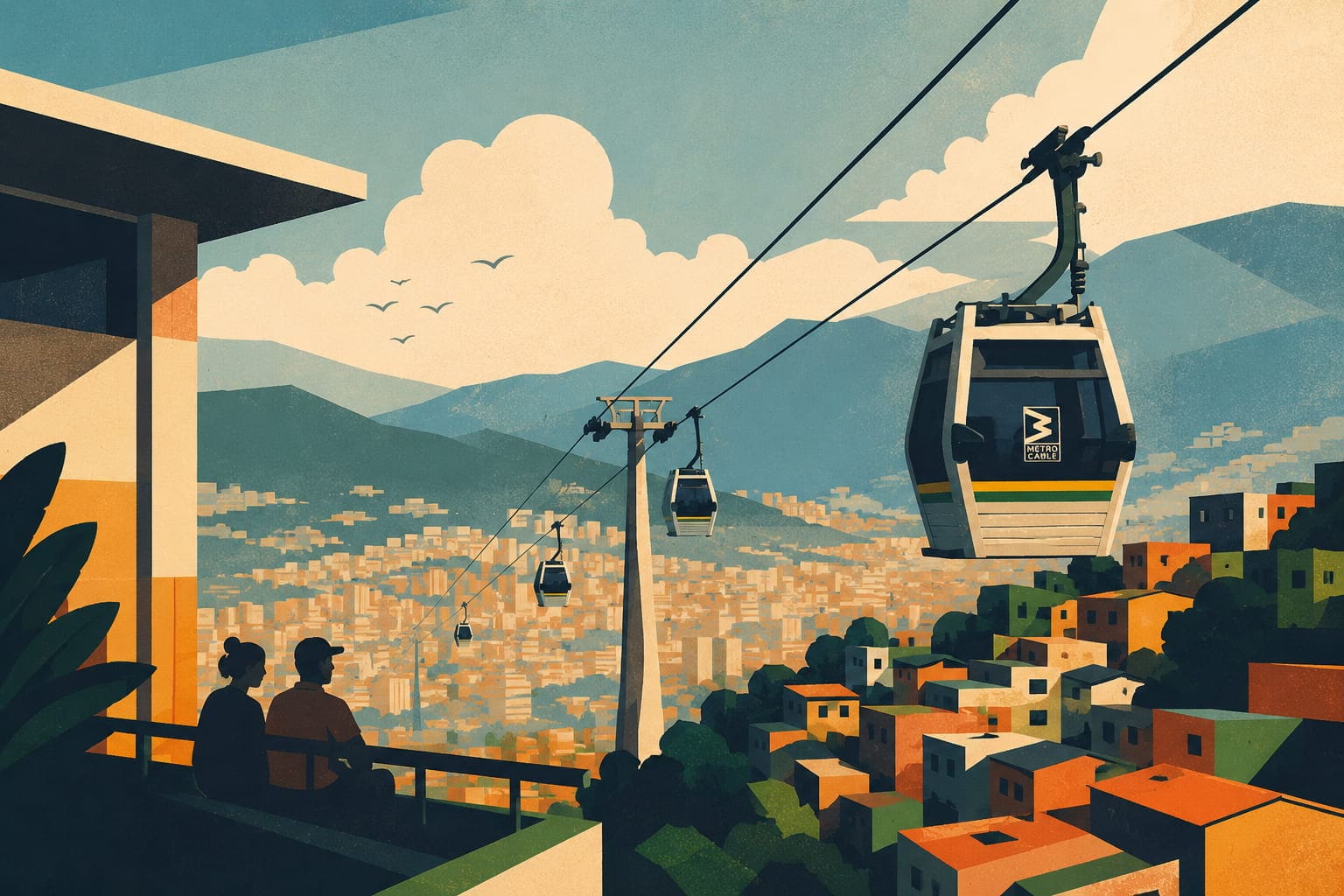 Illustration: a Metrocable gondola glides above Medellín's hillside barrios while two people watch from a balcony